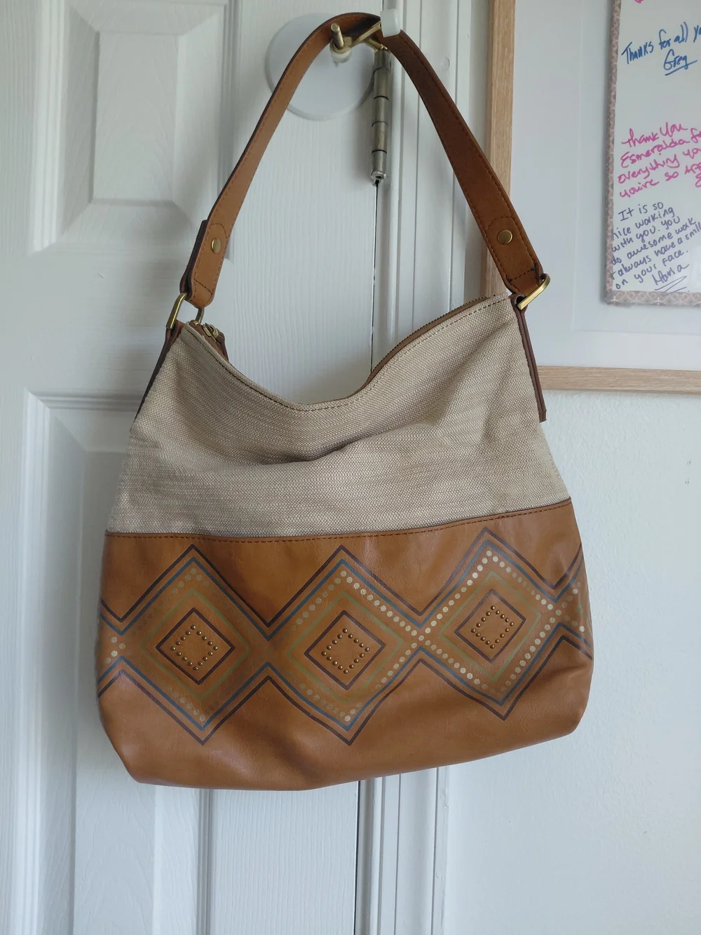 Fossil Tan & Cream Crossbody Hobo with Geometric Accent